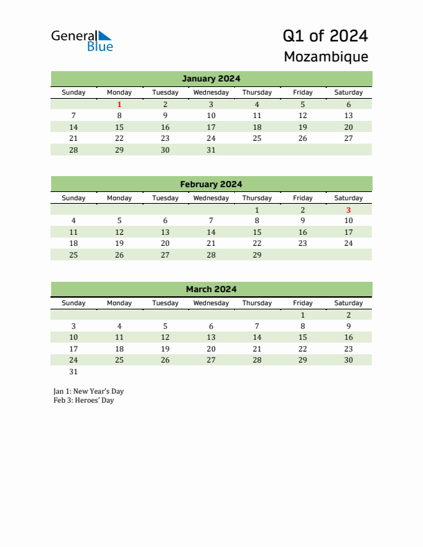 Quarterly Calendar 2024 with Mozambique Holidays