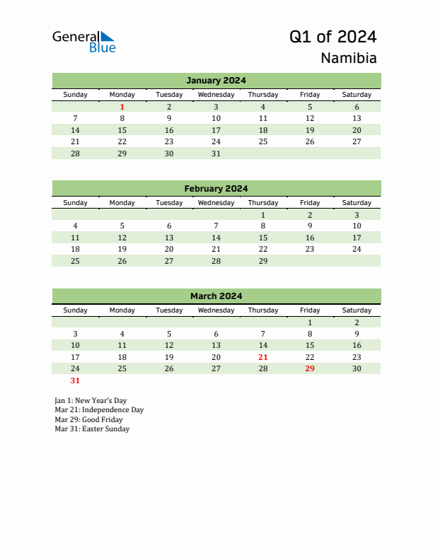 Quarterly Calendar 2024 with Namibia Holidays