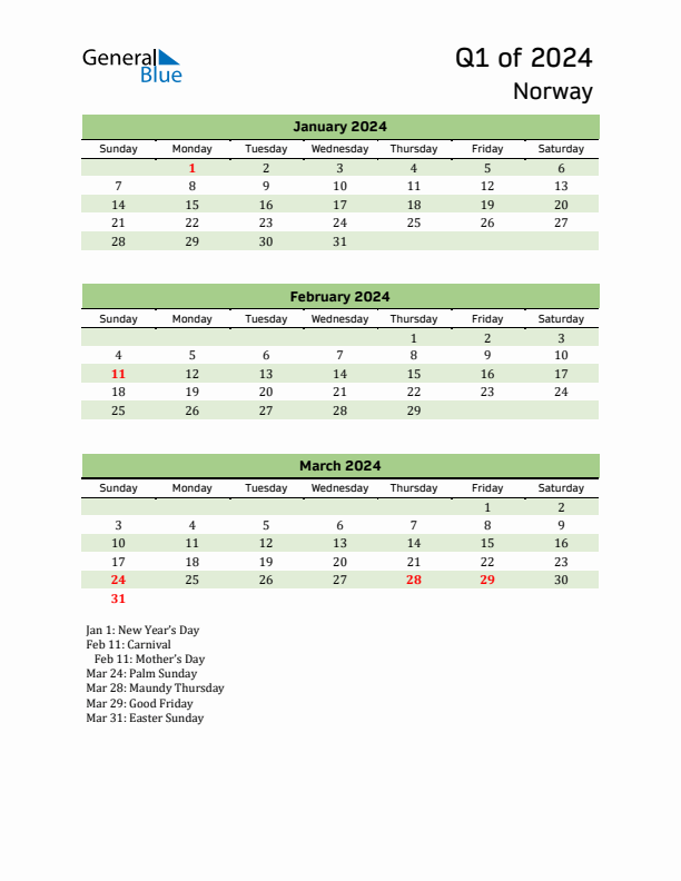 Quarterly Calendar 2024 with Norway Holidays