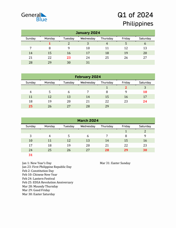 Quarterly Calendar 2024 with Philippines Holidays