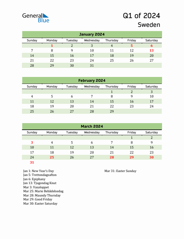 Quarterly Calendar 2024 with Sweden Holidays