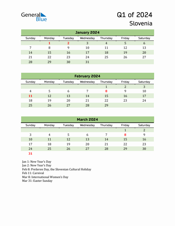 Quarterly Calendar 2024 with Slovenia Holidays