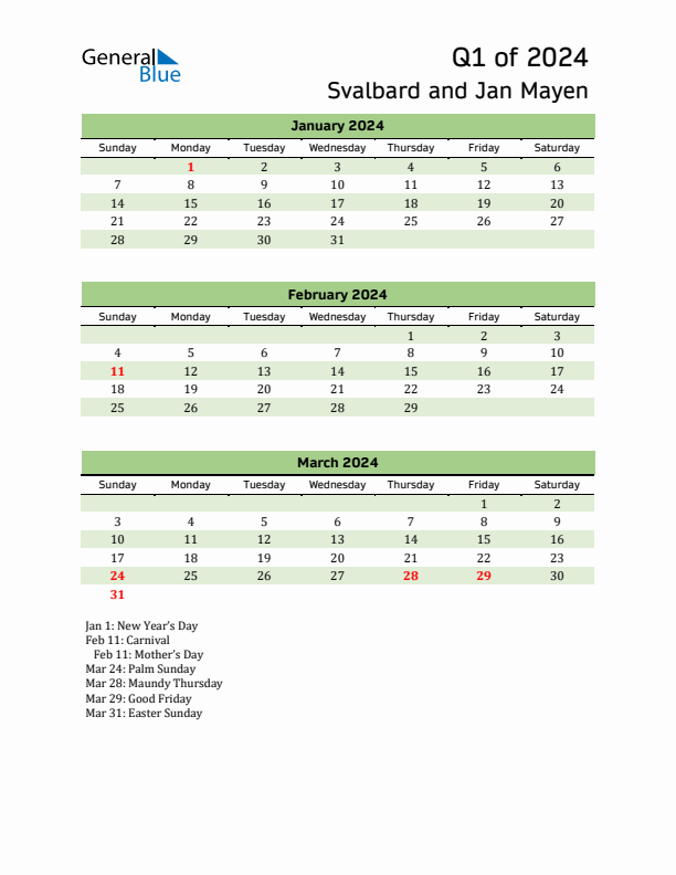 Quarterly Calendar 2024 with Svalbard and Jan Mayen Holidays