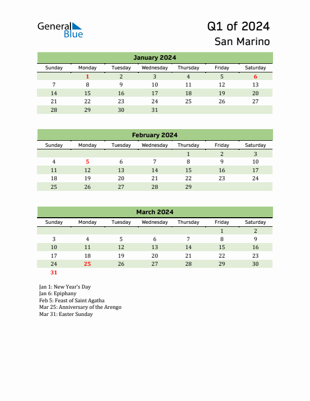 Quarterly Calendar 2024 with San Marino Holidays