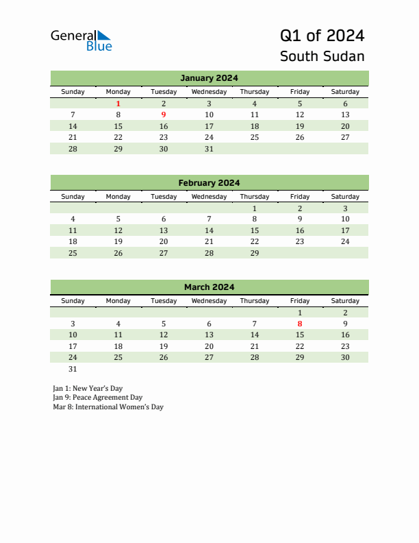 Quarterly Calendar 2024 with South Sudan Holidays