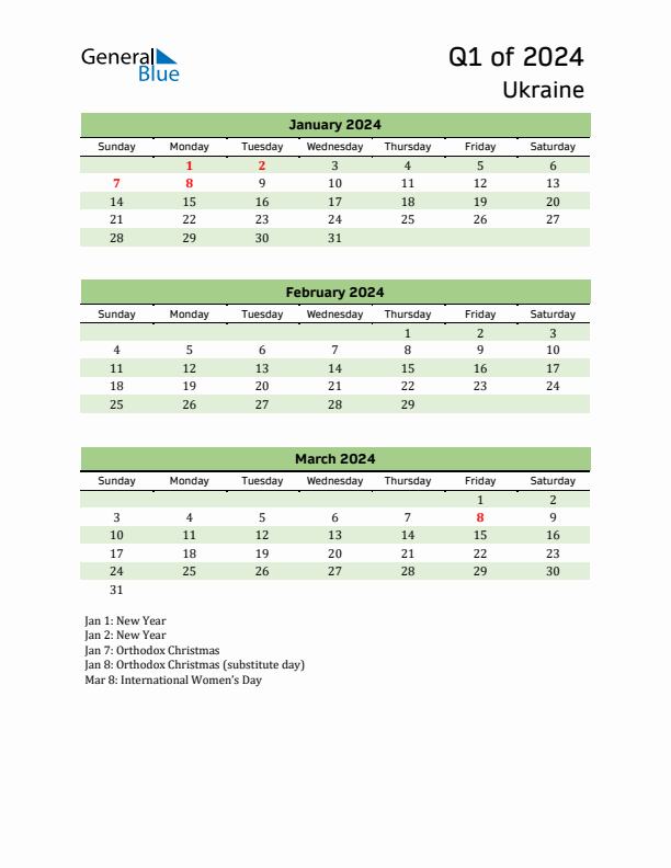 Quarterly Calendar 2024 with Ukraine Holidays