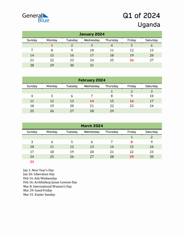 Quarterly Calendar 2024 with Uganda Holidays