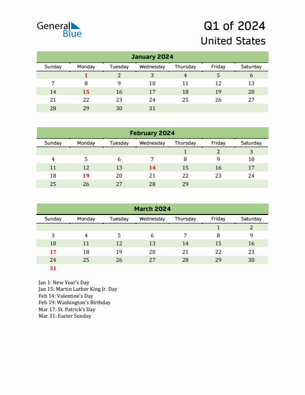 Quarterly Calendar 2024 with United States Holidays