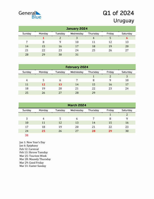 Quarterly Calendar 2024 with Uruguay Holidays