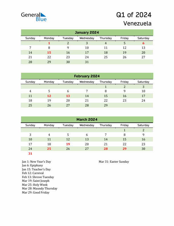 Quarterly Calendar 2024 with Venezuela Holidays