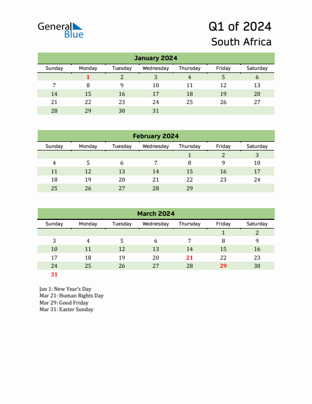 Quarterly Calendar 2024 with South Africa Holidays