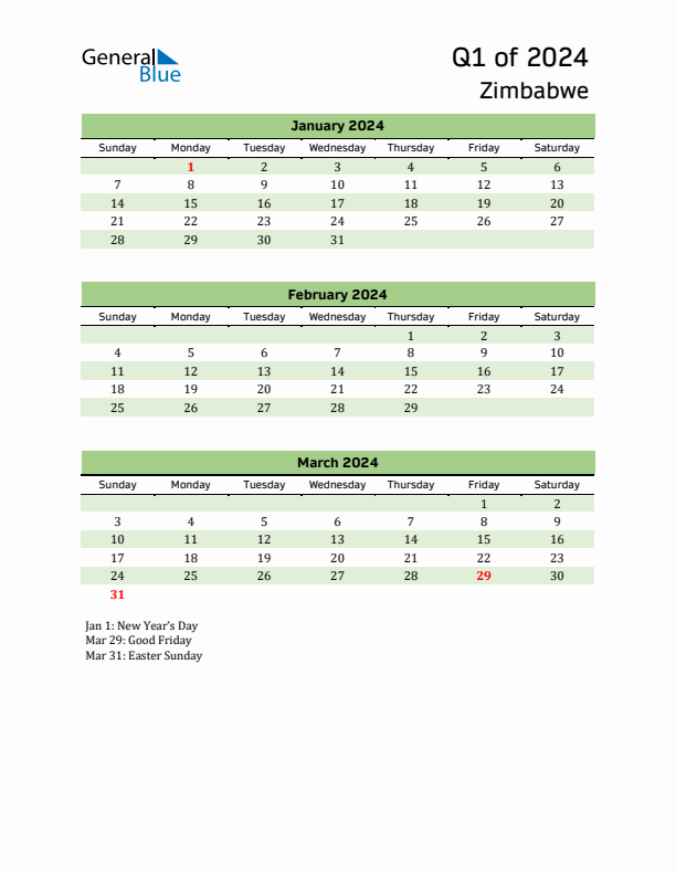 Quarterly Calendar 2024 with Zimbabwe Holidays