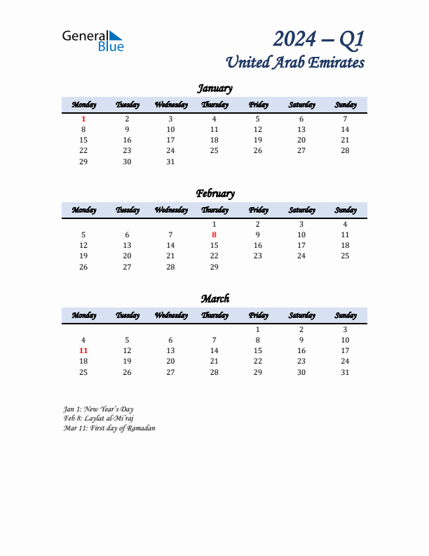 January, February, and March Calendar for United Arab Emirates with Monday Start