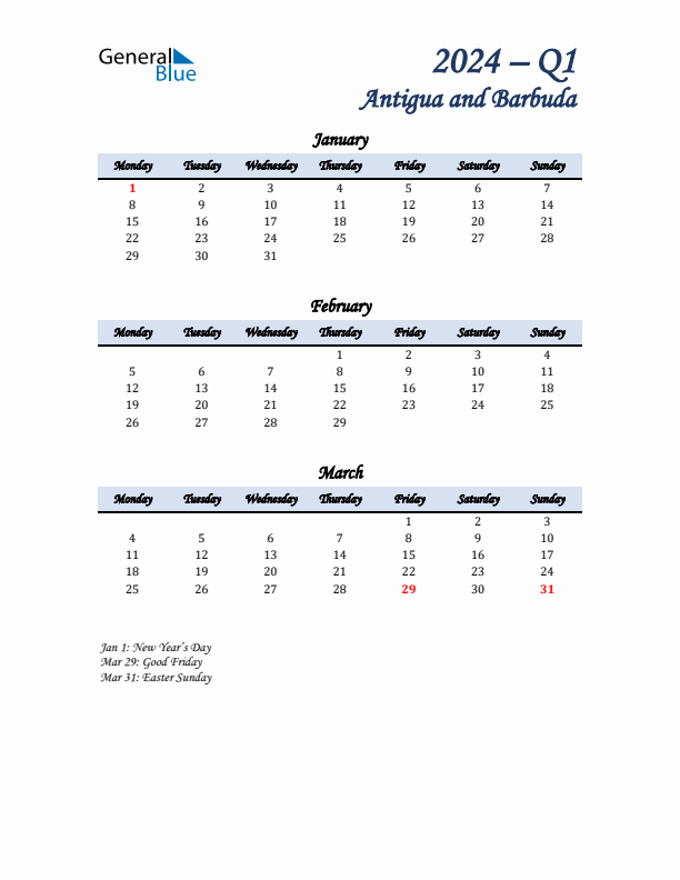 January, February, and March Calendar for Antigua and Barbuda with Monday Start