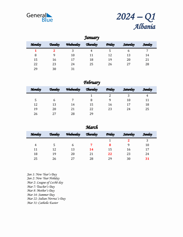 January, February, and March Calendar for Albania with Monday Start