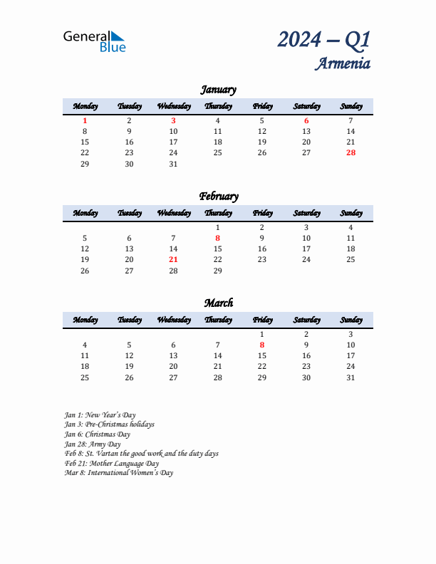 January, February, and March Calendar for Armenia with Monday Start