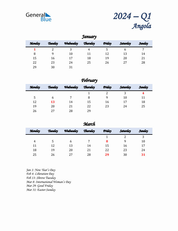 January, February, and March Calendar for Angola with Monday Start