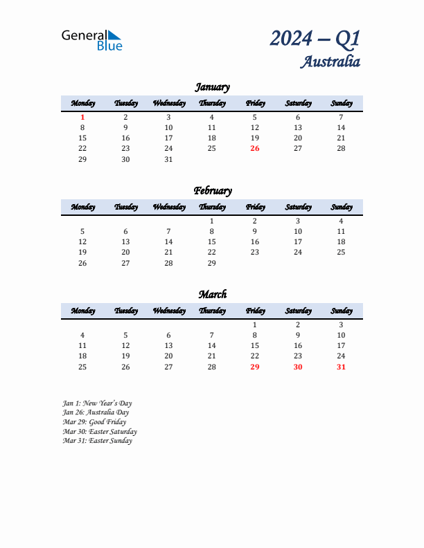 January, February, and March Calendar for Australia with Monday Start