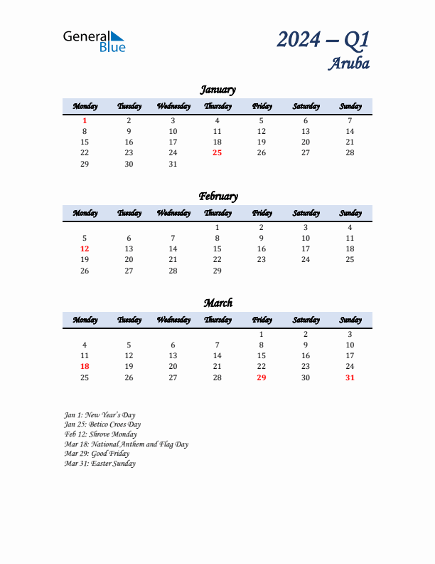 January, February, and March Calendar for Aruba with Monday Start