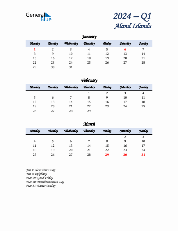 January, February, and March Calendar for Aland Islands with Monday Start