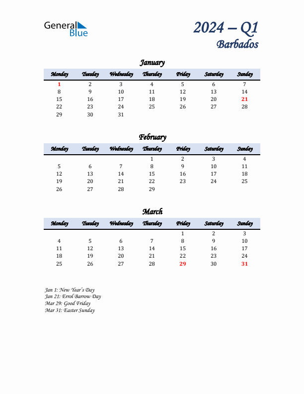 January, February, and March Calendar for Barbados with Monday Start