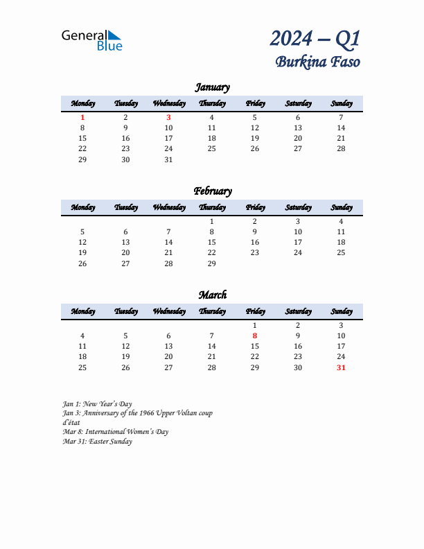 January, February, and March Calendar for Burkina Faso with Monday Start