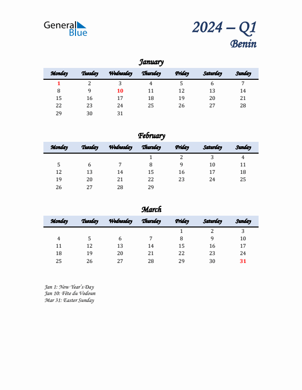 January, February, and March Calendar for Benin with Monday Start