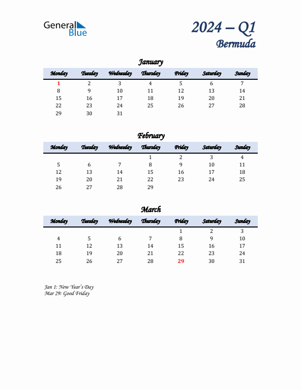 January, February, and March Calendar for Bermuda with Monday Start