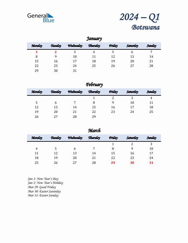 January, February, and March Calendar for Botswana with Monday Start