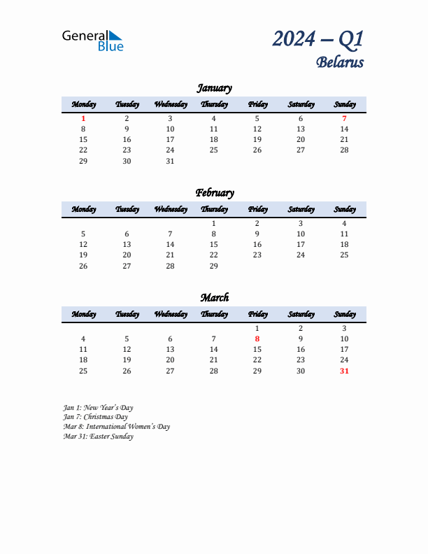 January, February, and March Calendar for Belarus with Monday Start