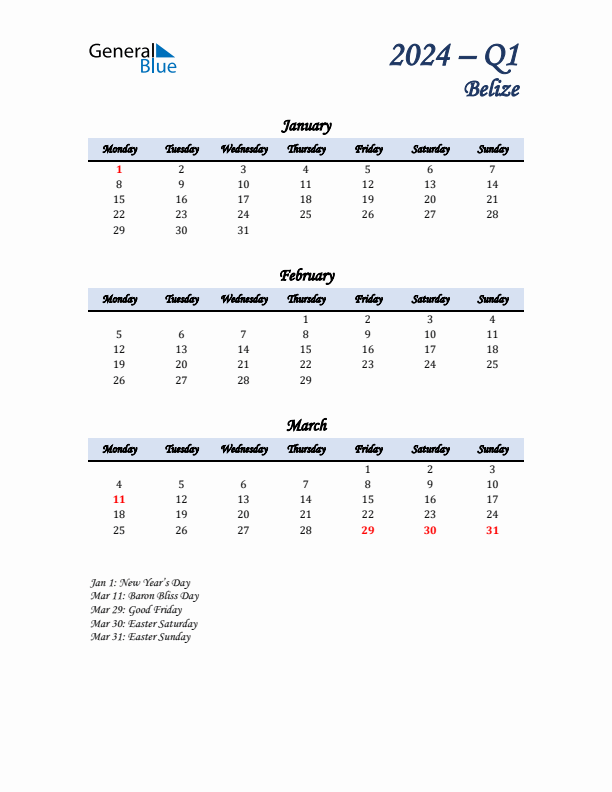 January, February, and March Calendar for Belize with Monday Start