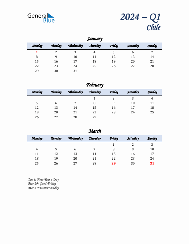 January, February, and March Calendar for Chile with Monday Start