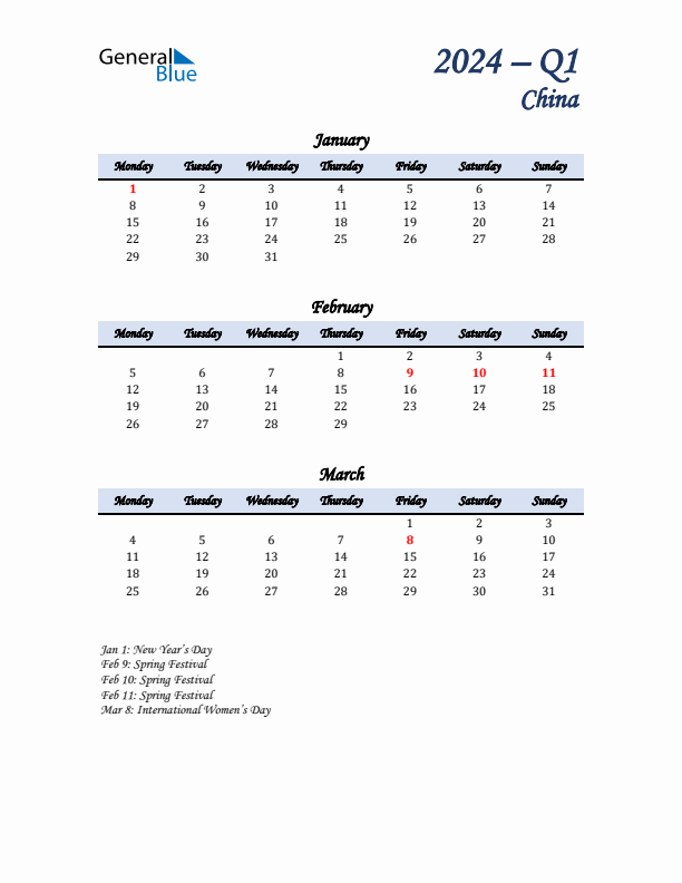 January, February, and March Calendar for China with Monday Start