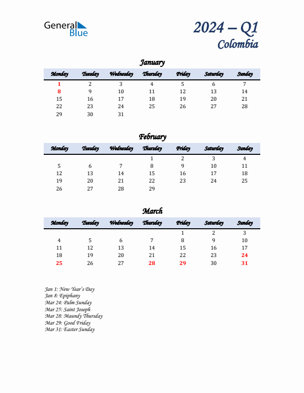 January, February, and March Calendar for Colombia with Monday Start