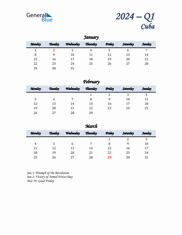 January, February, and March Calendar for Cuba with Monday Start