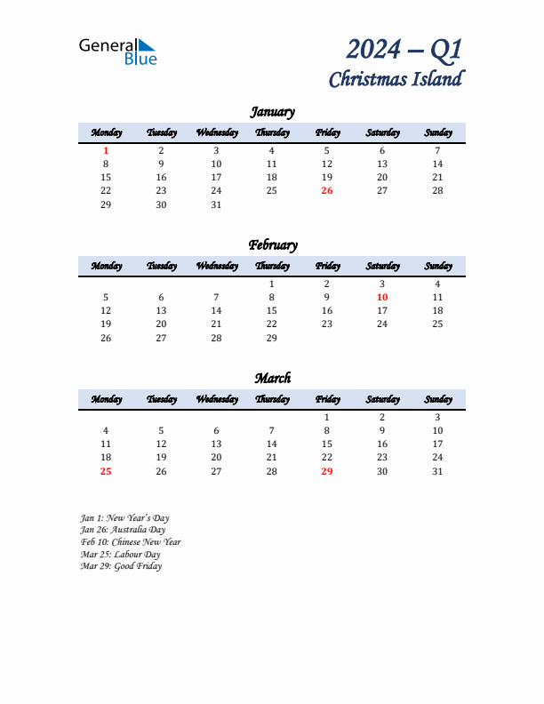 January, February, and March Calendar for Christmas Island with Monday Start