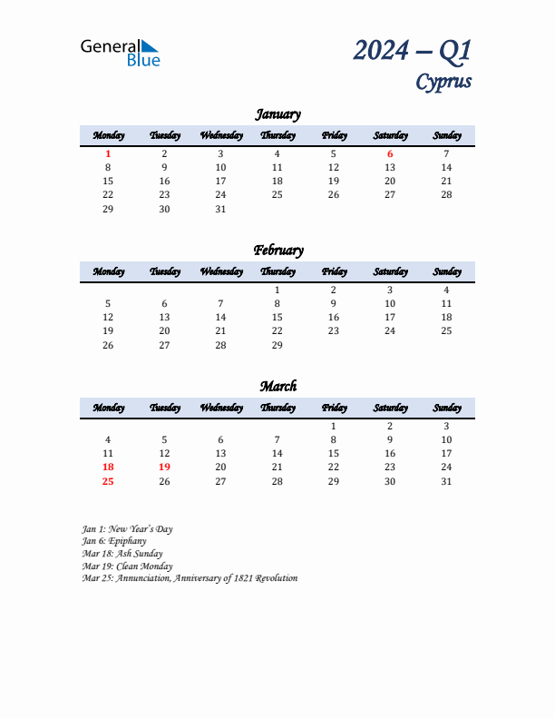 January, February, and March Calendar for Cyprus with Monday Start