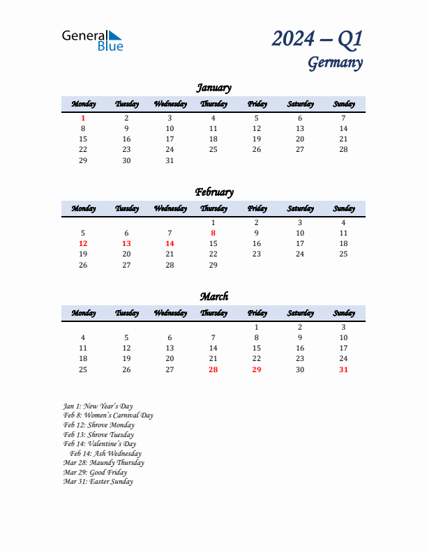 January, February, and March Calendar for Germany with Monday Start