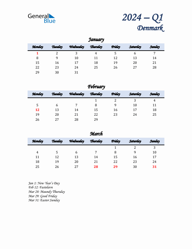 January, February, and March Calendar for Denmark with Monday Start