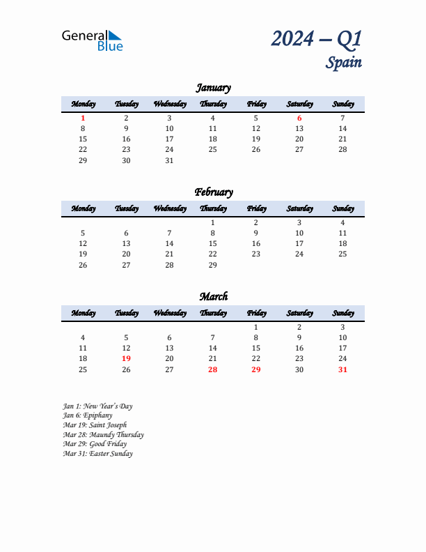 January, February, and March Calendar for Spain with Monday Start