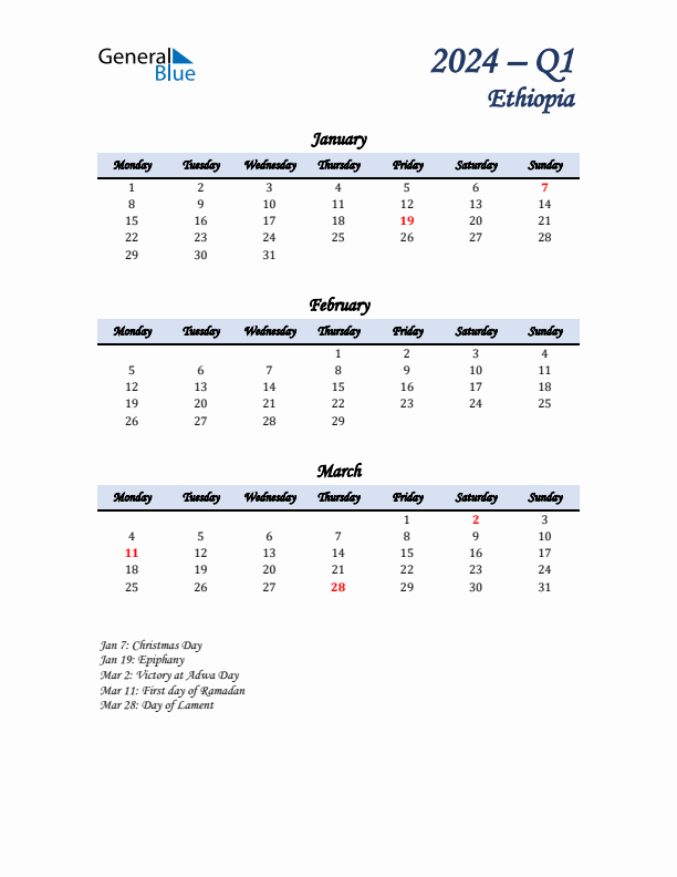 January, February, and March Calendar for Ethiopia with Monday Start