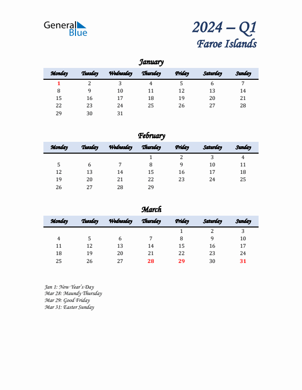 January, February, and March Calendar for Faroe Islands with Monday Start