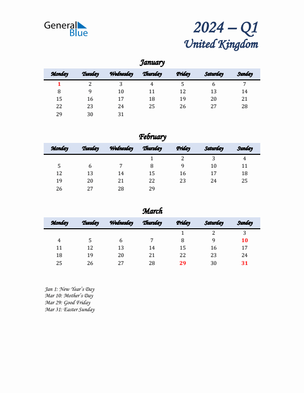 January, February, and March Calendar for United Kingdom with Monday Start