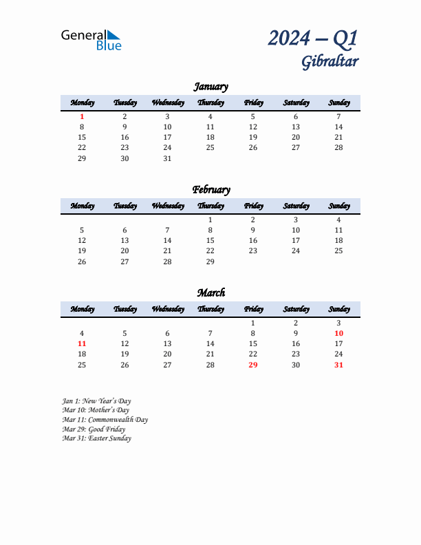 January, February, and March Calendar for Gibraltar with Monday Start