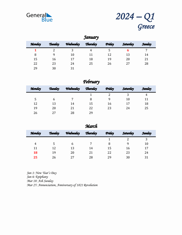 January, February, and March Calendar for Greece with Monday Start