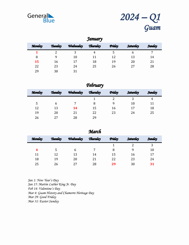 January, February, and March Calendar for Guam with Monday Start