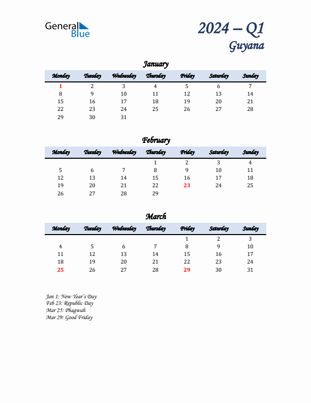 January, February, and March Calendar for Guyana with Monday Start