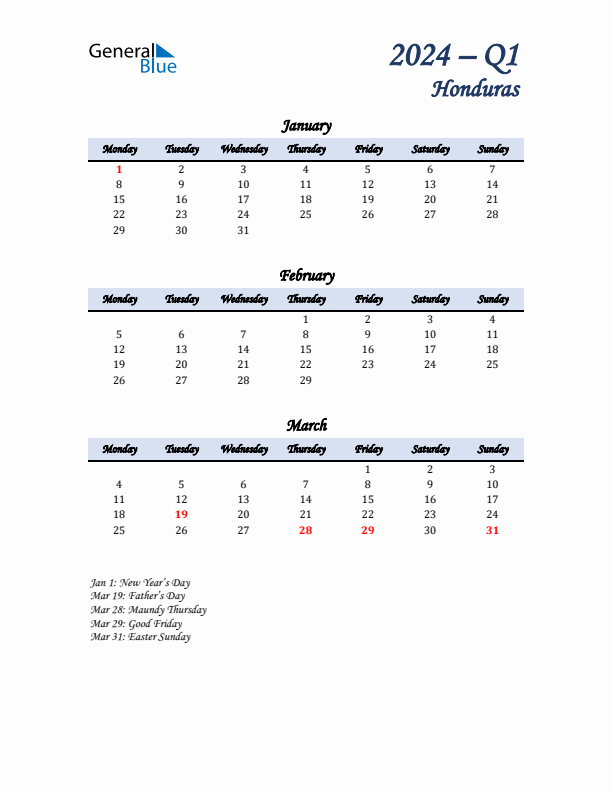 January, February, and March Calendar for Honduras with Monday Start