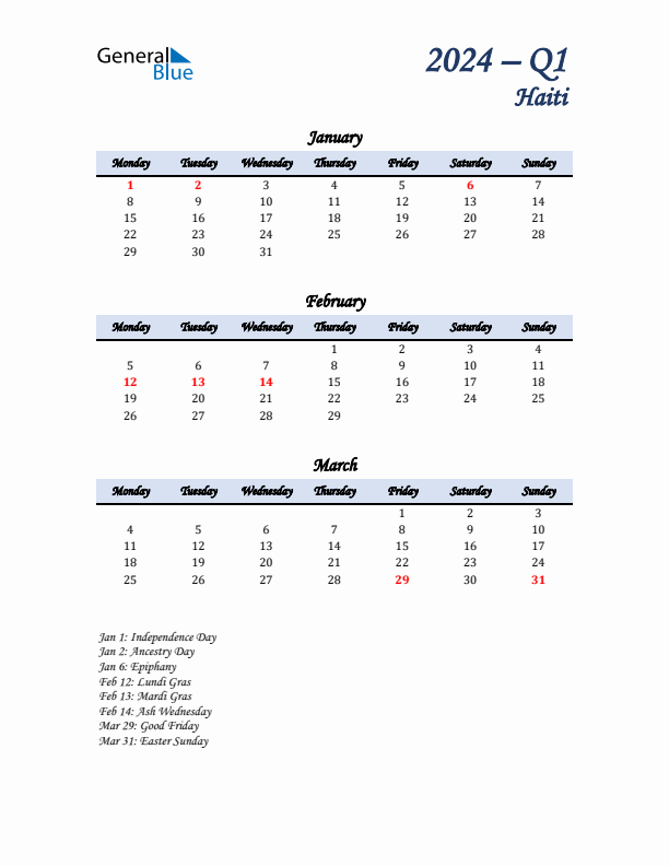 January, February, and March Calendar for Haiti with Monday Start