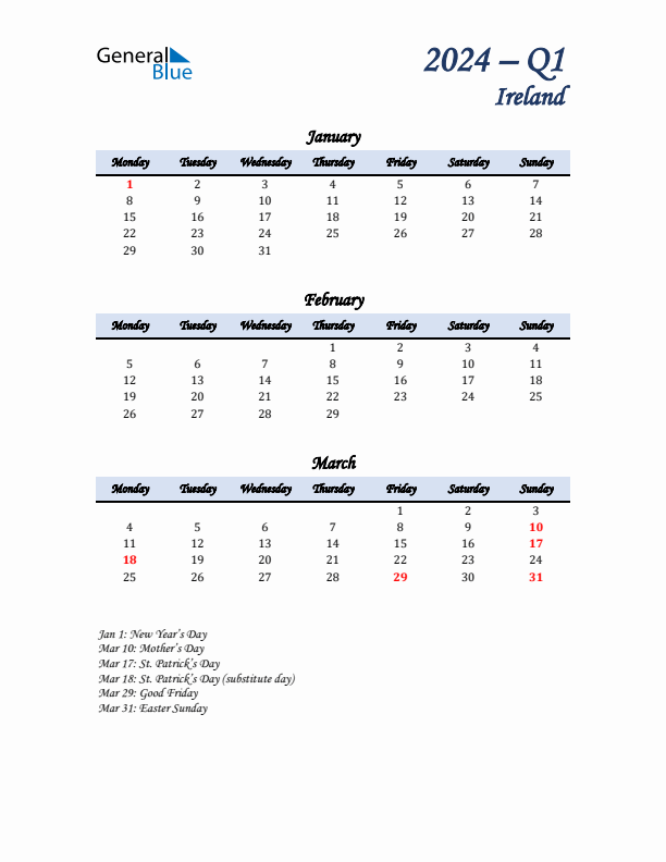 January, February, and March Calendar for Ireland with Monday Start